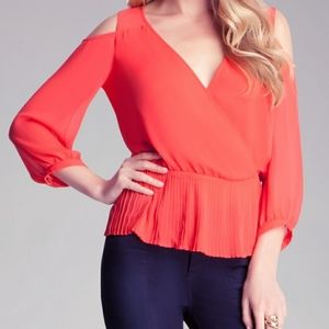 Bebe Pleated Peplum Top Cold-Shoulder Key Hole Back Orange Blouse Womens Size XS